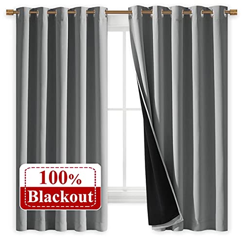 Image of NICETOWN 100% Blackout Curtains with Black Liners, Thermal Insulated Full Blackout 2-Layer Lined Drapes, Energy Efficiency Window Draperies for Bedroom (Silver Grey, 2 Panels, 70-inch W by 63-inch L)