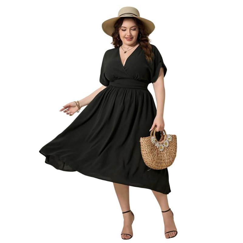 Women's V Neck Beach Dress Slim Fit Short Sleeves Shaped Waist A Line Look and Midi Length Skirt | Black - 2XL-image-26