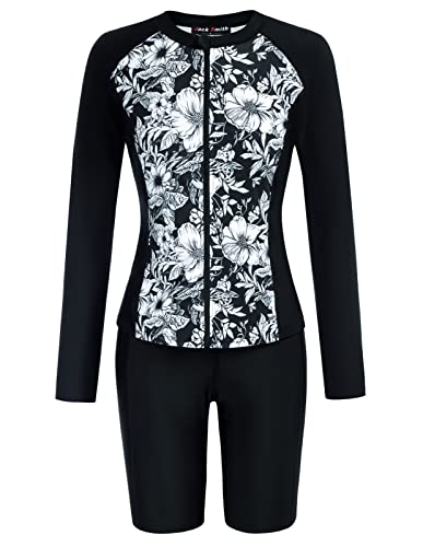 Image of JACK SMITH Women's 3 Piece Long Sleeve Rash Guard Swimsuits Zip Front Bathing Suit Tankini Swimsuits UPF 50