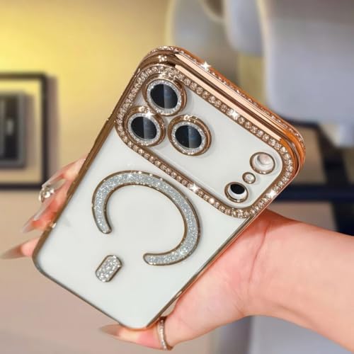 Image of for iPhone 17 Pro Max Magnetic Glitter Case,Luxury Bling Rhinestone Diamond Plated Bumper Case Sparkle Camera Lens Protection Clear Cover for iPhone 17 Pro Max (Gold)