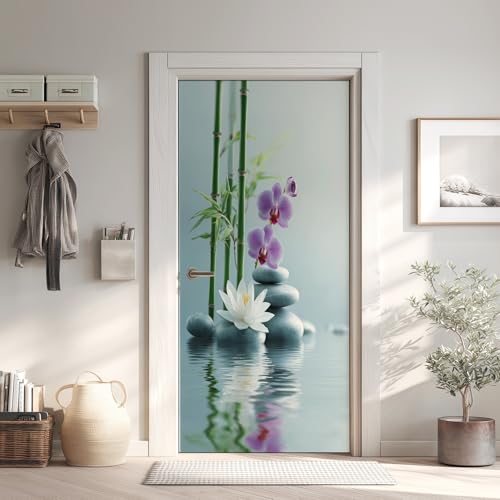 Zen Poster De Porte Trompe L'oeil, Bambou Pierres De Massage Auto-Adhésif Sticker Mural, pour Chambre Salon Cuisine, Méditation Stickers Autocollants de...