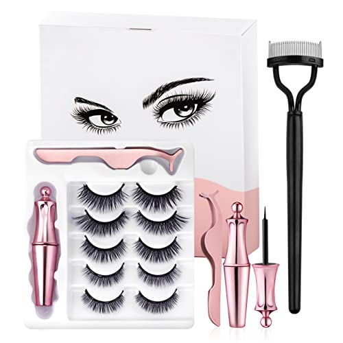 OsiliviA Magnetic Eyelashes with Eyeliner, Magnetic Eyelashes Natural Look, Mink Magnetic Eyelashes, Waterproof Reusable No Glue Need, Including 5Pairs Magnetic Eyelashes set with eyelashes comb