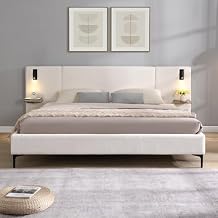 Christopher Knight Home Svant King Size Platform Bed, Boucle Fabric Upholstered Headboard Bed Frame with Reading Lamps and Shelves, Wooden Slats, No Box Spring Needed, White
