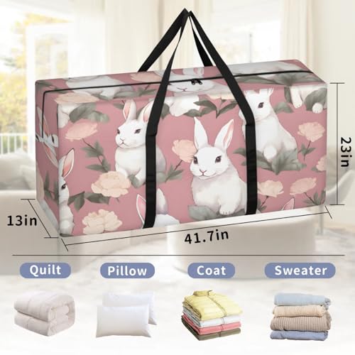 Colorful Rabbit Extra Large Moving Bags Heavy Duty Storage Bags Graffiti Bunny Cloth Wrap Around Handles Double Zipper Reusable Convenient Foldable Storage Tote for Travel Camping Space Save2