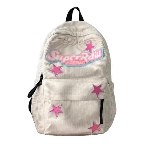 Linda mochila feminina Star Y2K Kawaii estética fofa de veludo cotelê, Branco, 11.8 x 5.1 x 16.5 inches, Mochilas Daypack