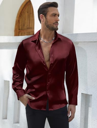 Vssjavun Mens Silk Satin Shirts Long Sleeve Button Down Loose Fit Dress Shirt Luxury Party Prom Wedding Shirts2