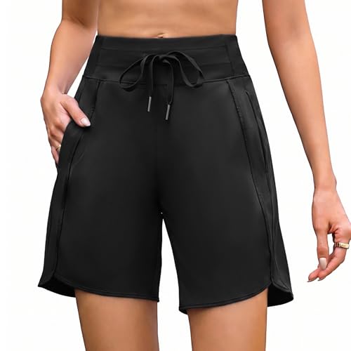 Image of Aseniza Women's Running Shorts Gym Sports Ladies Joggers High Waisted Yoga Casual Workout with Pockets Black M