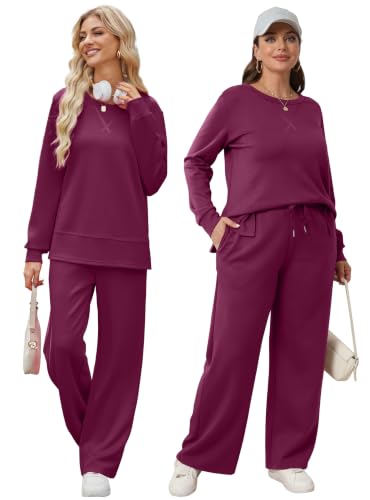 Image of OFEEFAN Women's 2 Piece Lounge Set Travel Airport Outfits Side Slit Tracksuit Wide Leg Loungewear Baggy Comfy Sweatsuit S-3XL