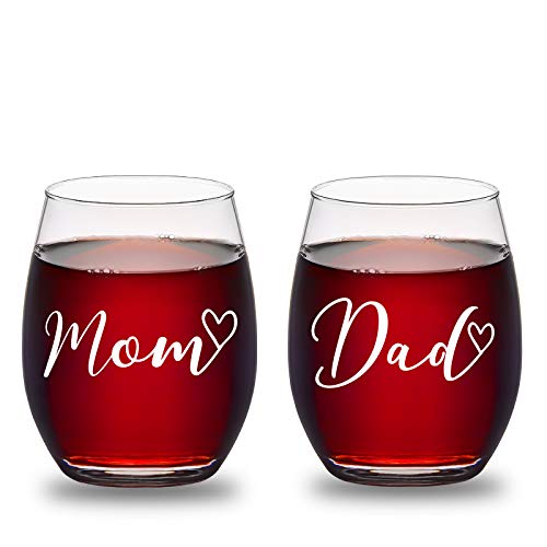 Mom Dad Stemless Wine Glasses Set Gift Idea for Mom Dad Husband Wife New Parents Anniversary Baby Shower Expecting Parents to Be Christmas Birthday Set of 2 15Oz