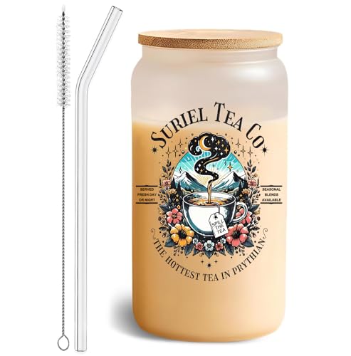 Suriel Tea Co Glass Cup with Lid and Straw - Suriel Tea Co Tumbler for Book Lovers - Bookish Gift Booktok Cup - Reading Gifts for Librarian Cup Book Lover Gift - 16 Oz Novelty Glass Can