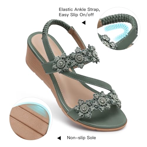 Image of SHIBEVER Wedge Sandals for Women Dressy: Summer Open Toe Low Platform Wedges Sandals Elastic Ankle Strap Flower Comfortable Casual Shoes
