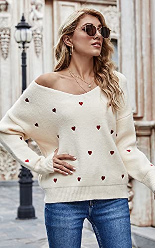Ecowish Women Valentine Heart Sweater V Neck Embroidery Knit Loose Casual Long Sleeve Ribbed Pullover Sweaters Beige Small #TOP4