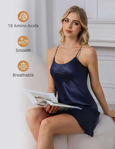 Image of THXSILK Women's Silk Nightgown, 100% Real 19 Momme Mulberry Silk Sleepwear Round Neck Spaghetti Strap Chemise Nightdress
