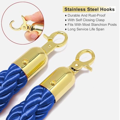 Gold Hook Blue Stanchion Hemp Rope - 1.5m Crowd Control Queue Divider Barrier for Events, Churches, Theaters, Parties - Durable Stainless Steel Design