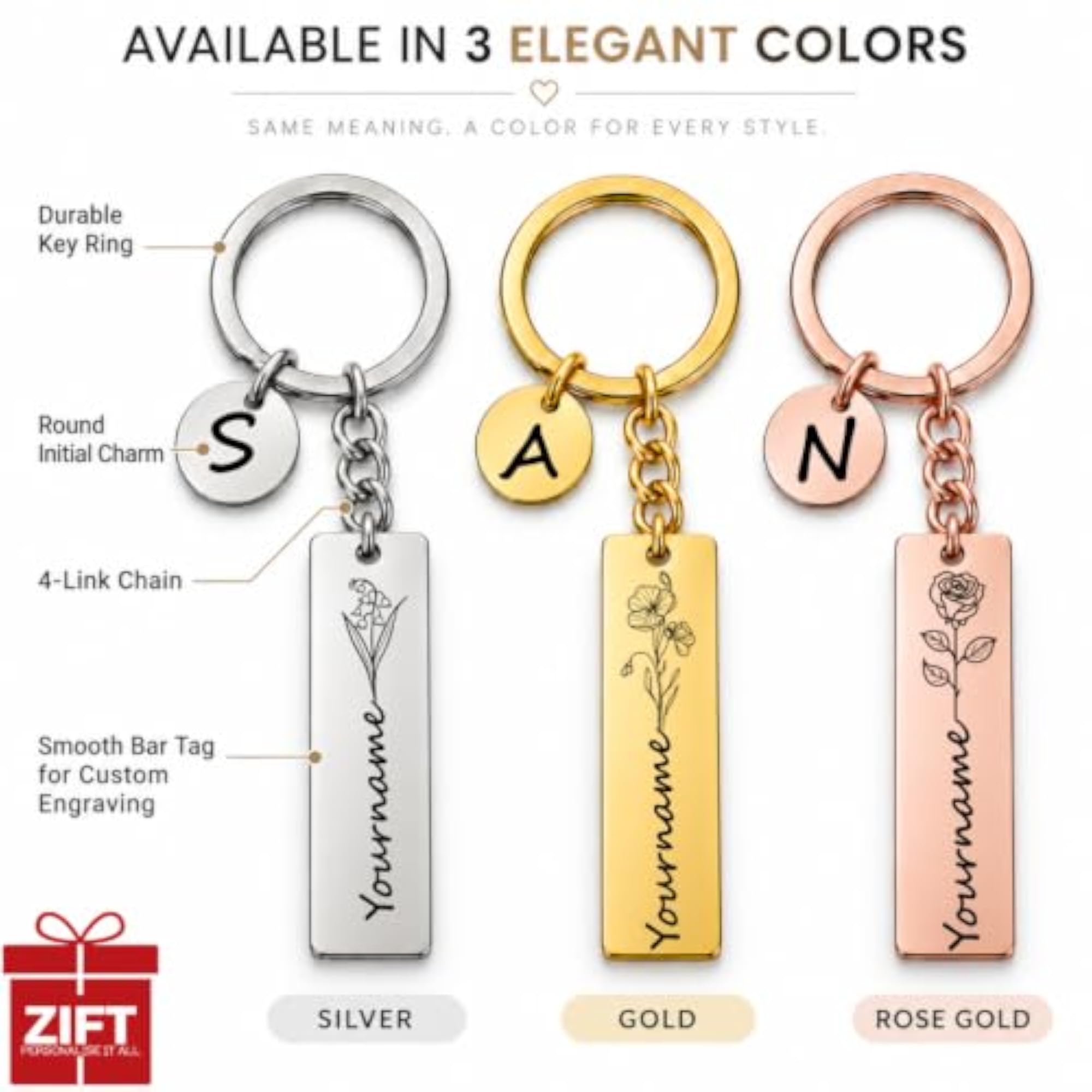 Birth Flower Keychain, Stainless Steel Gift