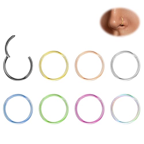 WINSENET Titanium Nose Rings - 8Pcs Hoops, Conch, Septum & Tragus Piercing Jewelry - 9mm, 20G Hinged Clicker