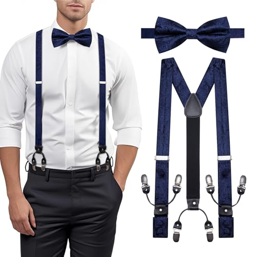 YOHOWA Juego de tirantes y pajarita de cachemira, juego de gemelos cuadrados de seda tejida para hombre, Paisley azul oscuro, Taille unique