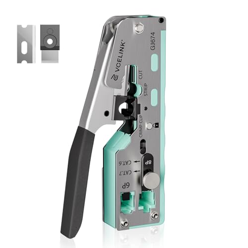 VCELINK RJ45 Crimp Tool with An Adjustable Knob, All-In-One Ethernet Crimper for CAT7/6A/6/5E/5, No Screwdriver Needed for RJ45 and RJ11/RJ12 Crimping (Mint Green)