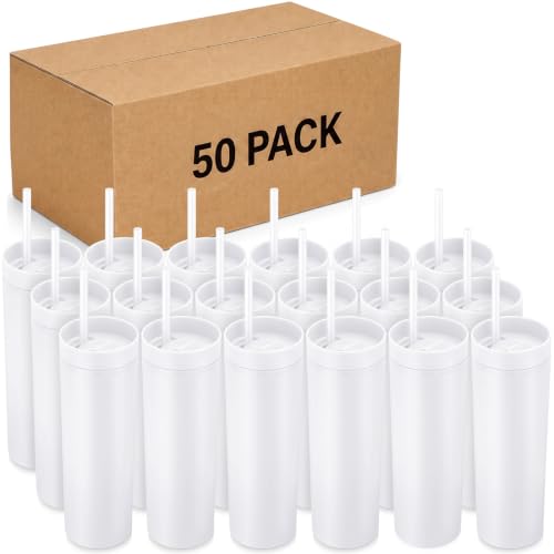 Potchen 50 Pcs 16 oz Skinny Tumblers with Lids and Straws Bulk, White