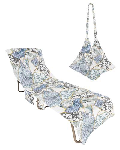 Blue and White Porcelain Beach Lounge Chair Towel Cover, Soft Chaise Lounge Towel with Side Pockets Patio Pool Chairs Cover for Beach/Pool Sunbathing 29x85 Watercolor Geometric Abstract Art