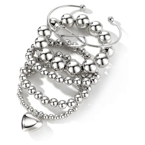 KISS WIFE 5pcs Silver Beaded Bracelets Set for Women, Stackable Stretchable Elastic Heart Bead Ball Chain Bracelet Light Weight Birthday Party Christmas Women's Trendy Jewelry Cover