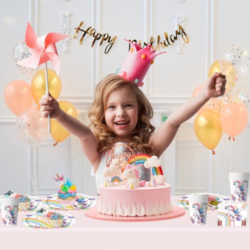 OMZSXK Einhorn Partygeschirr Set für 16 Gäste, Einhorn Partyteller Geburtstag, Einhorns Pappteller Servietten Becher Kindergeburtstag Party Deko