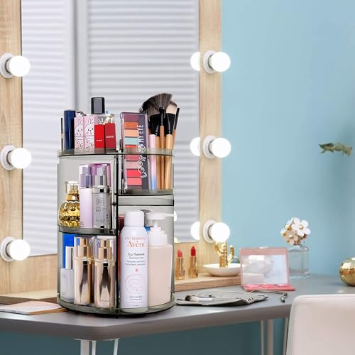 Image of HOUSE OF VIPA 360 Rotating Makeup Organizer, Acrylic DIY Adjustable Bathroom Makeup Carousel Spinning Holder Rack, Large Capacity Cosmetics Storage Box Vanity Countertop (Black)