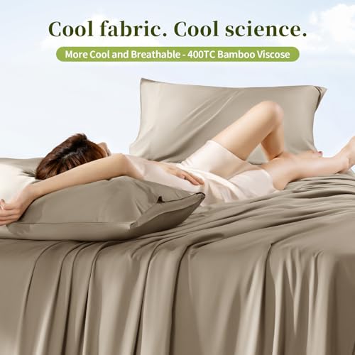 Shilucheng 100% Viscose Derived from Bamboo_ Sheets Queen Size 6pcs - Ultra Cooling & Silky Soft Bed Sheets, 16" Deep Pocket, Perfect for Hot Sleepers, Hotel Bedding Sheets (Simply Taupe)