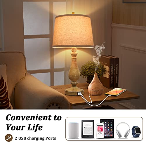 Farmhouse USB Table Lamps Set of 2, Dimmable Touch Control Bedside Lamps, Rustic Nightstand Reading Lamps with Cream Fabric Shade for Bedroom Living Room Office, Oak Metal Base, 2700K Bulbs Included - Thumbnail 3