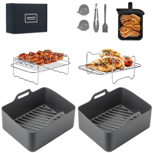 8 Pcs Silicone Air Fryer Liners for Ninja Dual Zone Air Fryer AF400UKCP AF400UK AF451UK DZ400UK, Reusable Non-Stick Basket Mats Accessories Set Compatible with Ninja Foodi MAX 9.5L Dual Zone, Grey