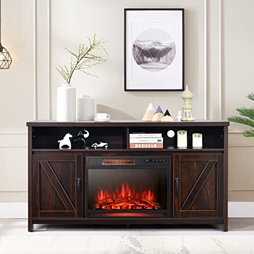Tangkula Electric Fireplace TV Stand, for TVs up to 65 Inches, with 25 Inch 1350W Reccessed Faux Fireplace, 3 Flame Setting, 4 Brightness Remote Control and Timer,Fireplace Insert TV Stand (Coffee)
