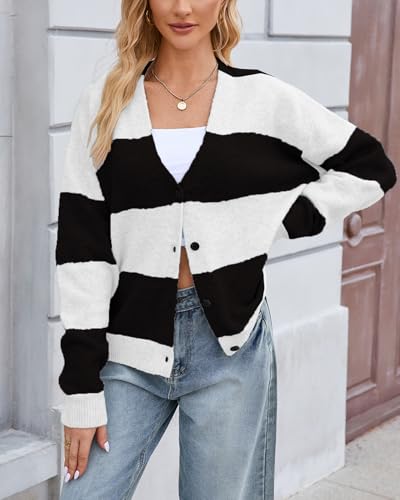 Image of YEXPINE Unisex Striped Cardigan Sweaters Open Front Long Sleeve Oversized Button V Neck Knit Outwear