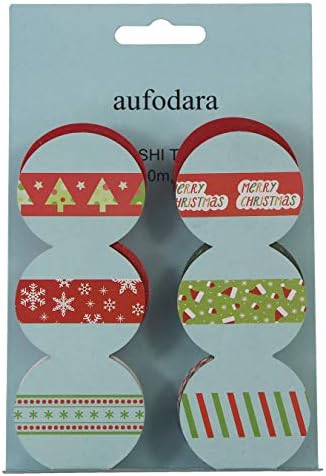 aufodara 6 Rolls Washi Tape Christmas Designs Decorative Masking Tape Paper Adhesive Tape Stickers Scrapbooking DIY Crafts Gift Wrapping Decoration, 10m x 15mm/Roll