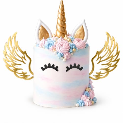 Unicorn Cake Topper Kit with Eyelashes, Reusable Gold Horn and Wings for Birthday, Wedding, Baby Shower Party Decorations