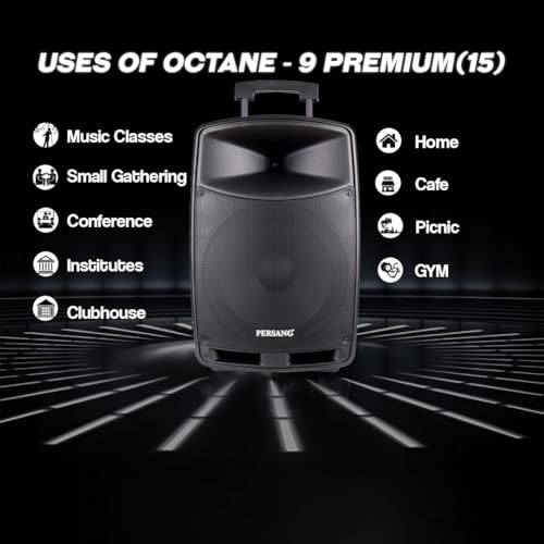 Image of PERSANG Octane 9 Premium Singing Trolley Speaker (15) 38.10 cms | 800W Peak Power | 2X UHF Wireless Mic | Upto 6 Hours Playtime | 38.1 cm Driver, Bluetooth, Aux, USB, SD Card & FM