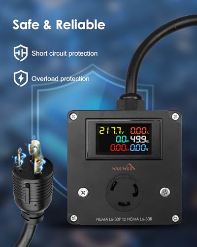 Image of 30A AC Power Meter, 240V L6-30P to L6-30R LCD Display Digital Multimeter Tester with 1.65FT 10AWG Cable, Outlet Monitor Multifunction Energy Monitor Voltage Current Frequency Power Factor