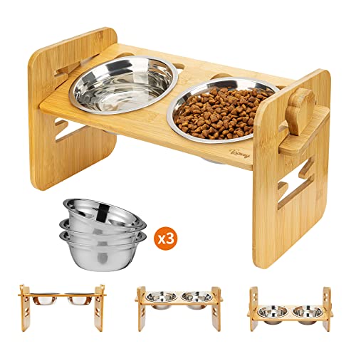 Toozey Elevated Dog Bowls for Small Dogs and Cats, 6 Adjustable Heights Raised Dog Bowl, Elevated Dog Bowl Stand with 3 Stainless Steel Dog Food and Water Bowls, 15° Tilted Bamboo Elevated Cat Bowls