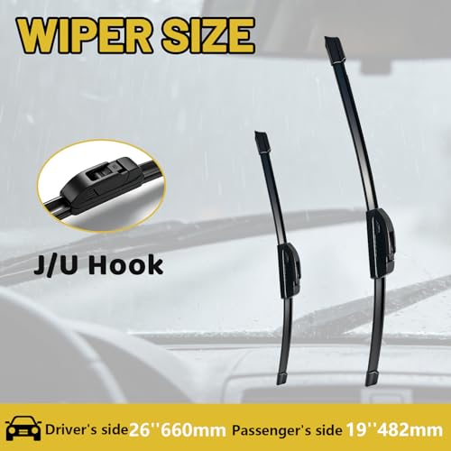 26" + 19" Windshield Wiper Blades (Set of 2), OEM Quality All-Season windshield wipers, Fits Toyota Prius2010-2015 & Honda Accord 2008-2017, U/J Hook — view 2