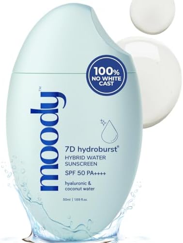 Moody Hydro Burst Water Sunscreen With Hyaluronic & SPF 50 PA ++++ UVA/B Protection | Brightening Sunscreen With No White Cast, Lightweight & Non Greasy | For Oily & Combination Skin | 50ml