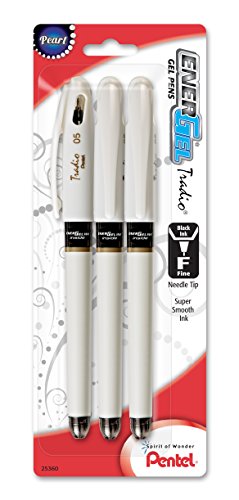 Pentel EnerGel Tradio Pearl Liquid Gel Pen, 0.5mm, Fine Line Capped, Needle Tip, Black Ink, 3 Pack (BLN115WBP3A)