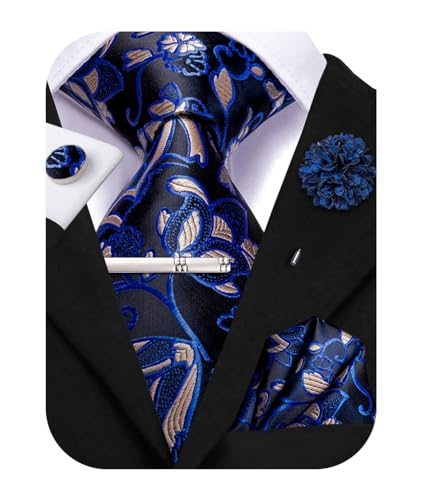 Image of Hi-Tie Black Blue Men's Necktie Sets Floral Jacquard Tie and Pocket Square Lapel Pin Silver Tie Clip Cufflinks Set Wedding Business 6PCS