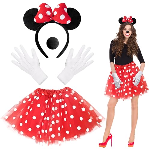Orgoue Maus Mouse Kostüm, Damen Mädchen Rot Tutu Mit Weiß Gepunktet Haarreifen Mit Maus Ohre Nasen Handschuhe Für Karneval Cosplay Party