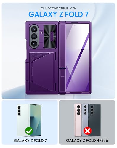Image of for Samsung Galaxy Z Fold 7 Case with Card Holder RFID Blocking, Built in Slide Lens Cover & Hinge Protection & Kickstand & Screen Protector, Shockproof Wallet Case for Z Fold 7 (Purple)