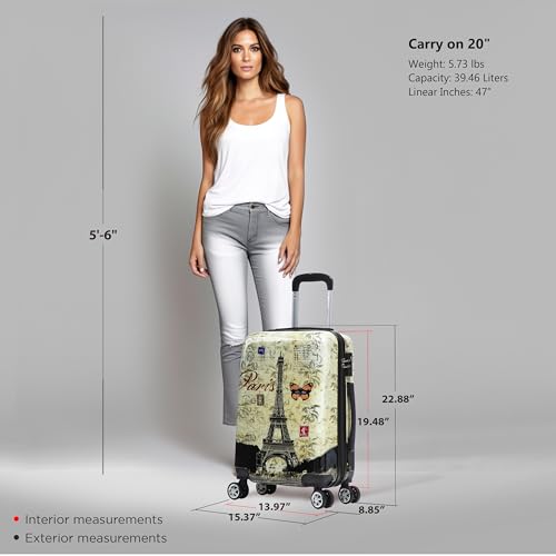 Image of InUSA Paris Print Luggage with Spinner Wheels | Durable Lightweight Hardside Suitcase | Travel Bag with Handle and Trolley | 20 Inch Carry-On Spinner Luggage