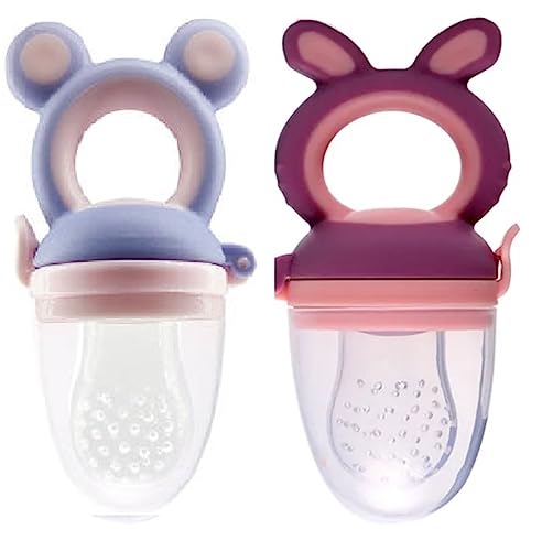 Image of Yummy Baby Fresh Fruit & Food Feeding Teether (2 Pack), Food Grade, BPA-Free, Ultra-Soft Silicone Pouches (Gray Bear /Purple Rabbit)