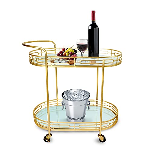 Golden Drinks Trolley Stylish Metal Serving Cart with 2 Glass Shelves 2 Tiers Slide Out Drinks Trolley with 360-degree Rotating Wheels Display Stand Kitchen Party Bar