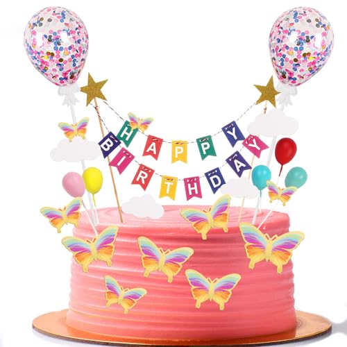 Moorle 24 Stück Kuchen Topper Bunting Set, Alles Gute zum Geburtstag Tortendeko, Regenbogen Kuchen Dekorationen, Junge Damen Tortendekoration mit Schmetterlinge, Banner bunt für Geburtstagsfeier