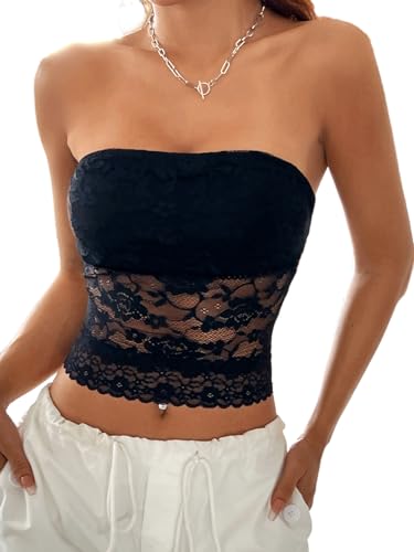Milumia Women Y2k Sheer Mesh Lace Tube Top Gothic Strapless Bandeau Going Out Crop Tops