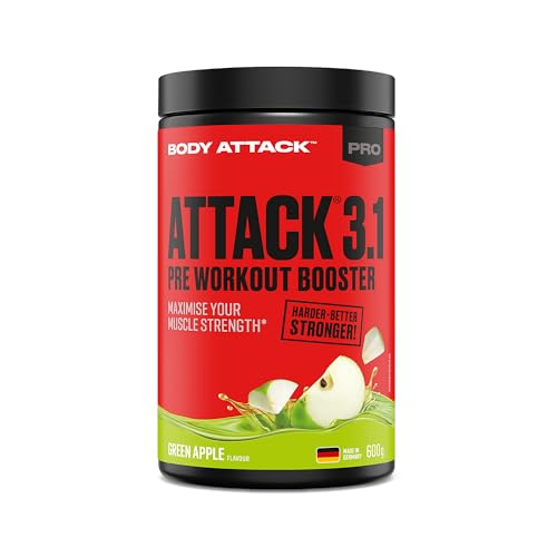 Body Attack PRE WORKOUT BOOSTER – Green Apple, 600 g - Hochdosierter Pump Booster mit Koffein, L-Arginin, Taurin & Creatin - Speziell entwickelt für Bodybuilding & Muskelaufbau Training