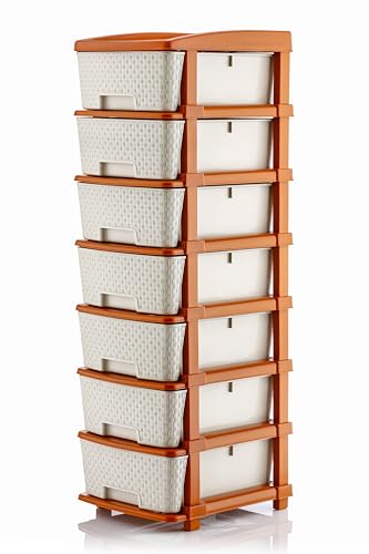 Image of HORPIN 7-Layer Plastic Drawer Storage Organiser | Modular Kitchen & Toy Organizer For Kids Room | Home, Office, Parlor, School, Doctors, Home And Kids | Brown & White (7XL Set)